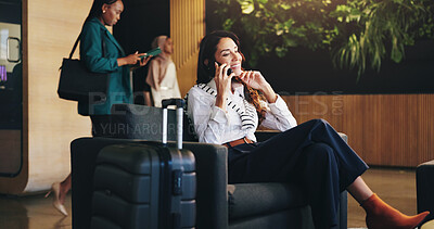 Buy stock photo Business woman, phone call and discussion in lobby for planning, research or travel for seminar. Chair, communication or thinking with flight passenger in hotel with luggage or suitcase for trip