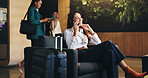 Business woman, phone call and discussion in lobby for planning, research or travel for seminar. Chair, communication or thinking with flight passenger in hotel with luggage or suitcase for trip