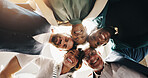 Below, huddle and portrait of business people in office for teamwork, collaboration and solidarity. Professional workers, corporate and men and women hug for celebration, support and partnership