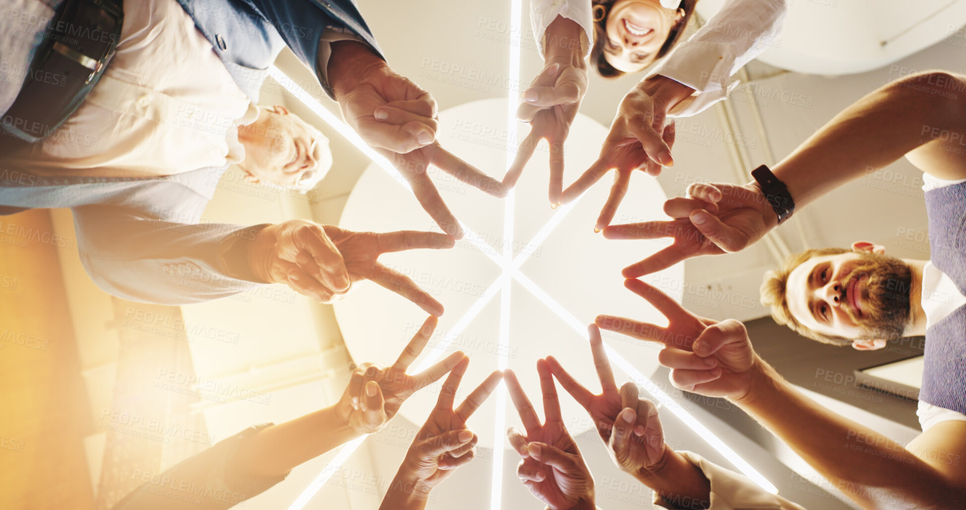 Buy stock photo Below, peace sign and hands of business people in office for teamwork, collaboration and solidarity. Professional, corporate company and men and women with star for unity, support and partnership