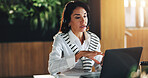 Business woman, discussion and laptop with video call in lobby for schedule update and finance report. Accountant, person and proposal for feedback, investment offer and negotiation in workplace
