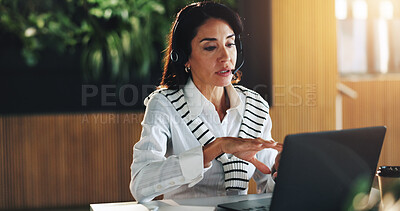 Buy stock photo Business woman, discussion and laptop with video call in lobby for schedule update and finance report. Accountant, person and proposal for feedback, investment offer and negotiation in workplace