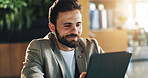 Office, businessman and thinking with tablet for scroll, research or online results with smile. Professional, career and male editor with digital for reading article, blog and info with idea in lobby