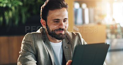 Buy stock photo Office, businessman and thinking with tablet for scroll, research or online results with smile. Professional, career and male editor with digital for reading article, blog and info with idea in lobby