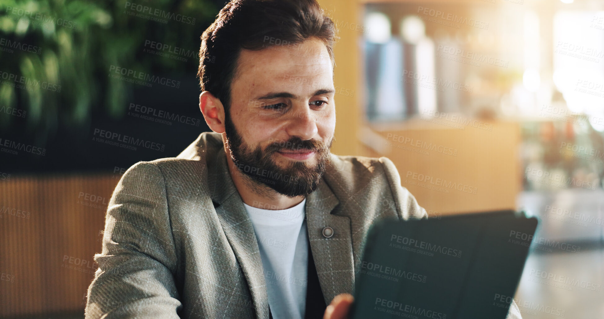 Buy stock photo Office, businessman and thinking with tablet for scroll, research or online results with smile. Professional, career and male editor with digital for reading article, blog and info with idea in lobby