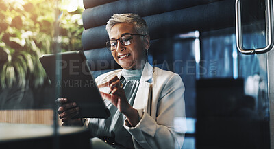 Buy stock photo Tablet, research and mature businesswoman in office scrolling for company budget report. Digital technology, reading and female financial manager with online investment proposal in workplace.