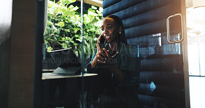 Buy stock photo Business, black woman and tablet with phone call in office of discussion, schedule and finance report in booth. Person, mobile app and information for investment feedback, negotiation and hybrid work
