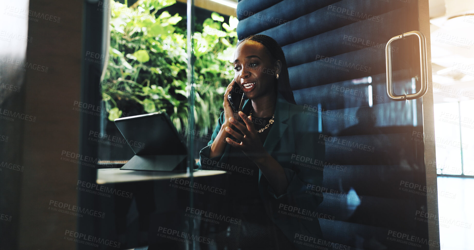 Buy stock photo Business, black woman and tablet with phone call in office of discussion, schedule and finance report in booth. Person, mobile app and information for investment feedback, negotiation and hybrid work