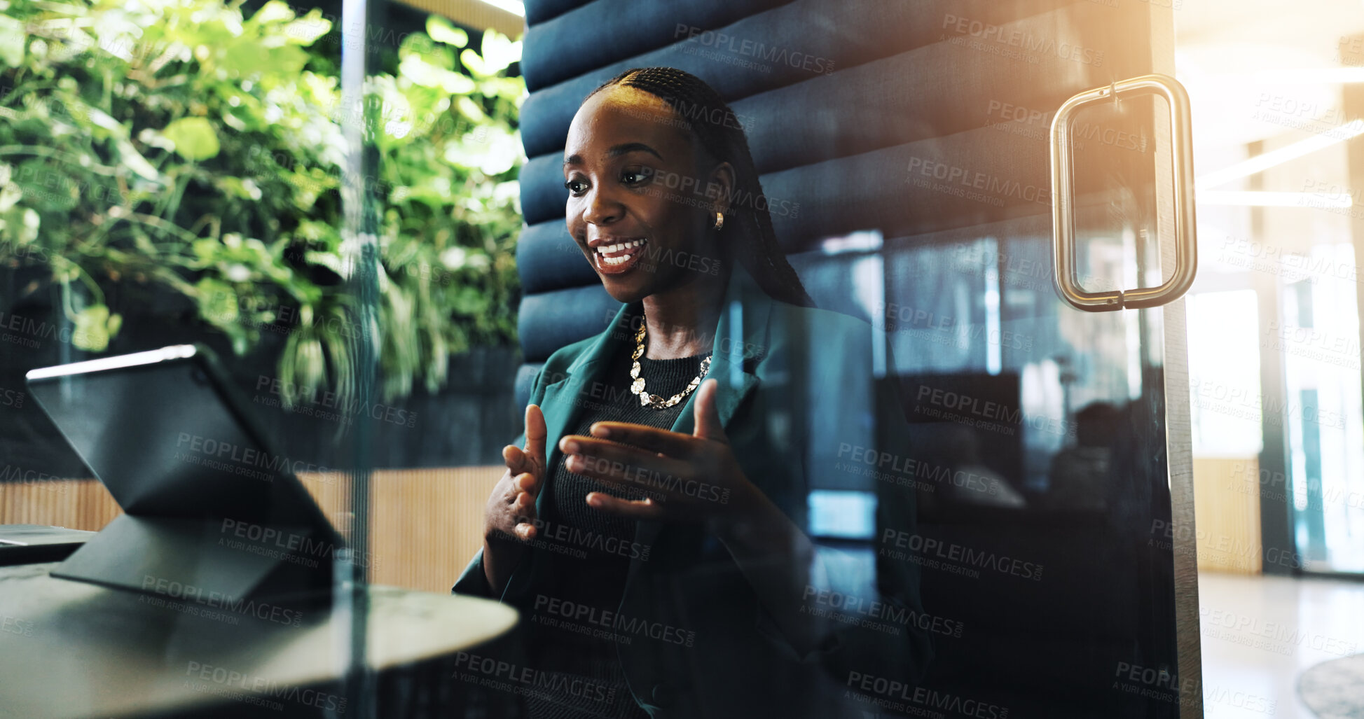 Buy stock photo Black woman, business and tablet with booth in office of discussion, schedule update and finance report. Accountant, person and proposal video call for feedback, investment offer and negotiation