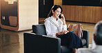 Business, woman and tablet with phone call in lobby for discussion, schedule update and finance report. Accountant, mobile and digital for proposal feedback, investment offer and negotiation at hotel