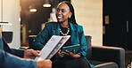 Collaboration, meeting and tablet with business woman in lobby of office for discussion or proposal. Documents, smile and presentation with employee in workplace for partnership, report or research
