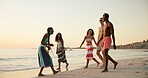 Smile, people and laugh for walk on beach of summer vacation, tropical journey and travel weekend. Space, friends and island trip for social gathering, ocean adventure and reunion for getaway holiday