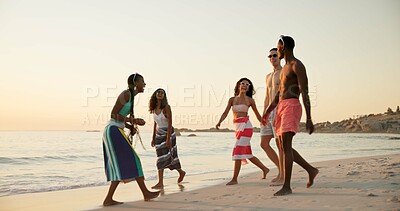 Buy stock photo Smile, people and laugh for walk on beach of summer vacation, tropical journey and travel weekend. Space, friends and island trip for social gathering, ocean adventure and reunion for getaway holiday