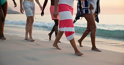 Buy stock photo Legs, group and people walk on beach for summer vacation, tropical journey and travel weekend. Feet, friends and trip on island for social gathering, ocean adventure and reunion with getaway holiday