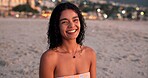 Happy, travel and portrait of woman on beach for tropical vacation, getaway or holiday. Smile, outdoor and female person from Mexico by ocean for seaside weekend trip with peace and calm in evening.