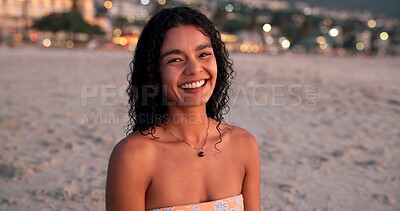 Buy stock photo Happy, travel and portrait of woman on beach for tropical vacation, getaway or holiday. Smile, outdoor and female person from Mexico by ocean for seaside weekend trip with peace and calm in evening.