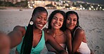 Sunset, portrait and women at beach for selfie, travel and tropical vacation in Bahamas with smile. Social media, reunion and happy girl friends by ocean for photograph, adventure or holiday picture
