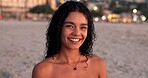 Happy, sunset and portrait of woman on beach for tropical vacation, getaway or holiday. Smile, travel and female person from Mexico by ocean for seaside weekend trip with peace and calm in evening.