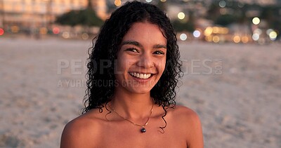 Buy stock photo Happy, sunset and portrait of woman on beach for tropical vacation, getaway or holiday. Smile, travel and female person from Mexico by ocean for seaside weekend trip with peace and calm in evening.