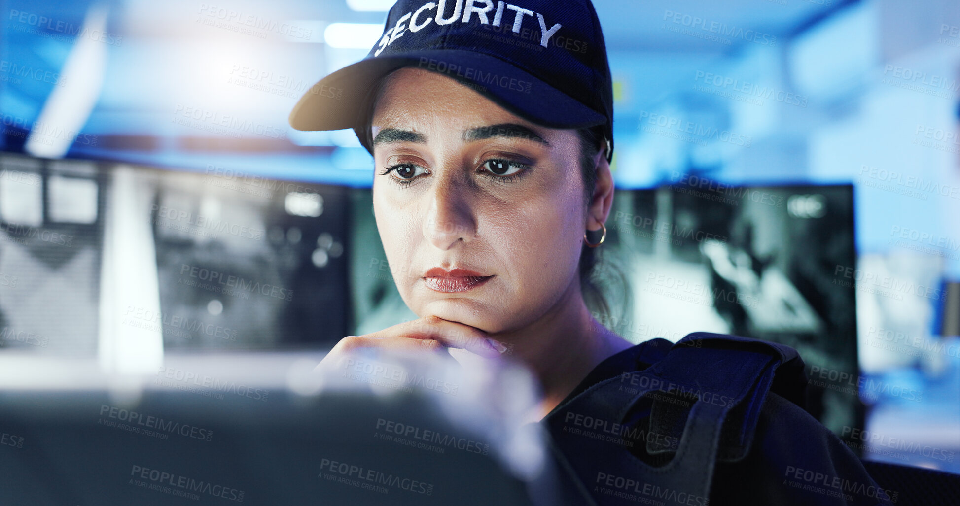 Buy stock photo Security guard, woman and tablet with watching, surveillance app and video observation at night. Officer, cctv station and technology in control room for monitor, safety or footage for protection