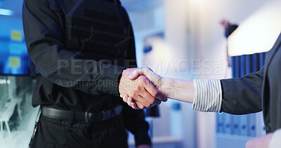 Buy stock photo Security, people or shaking hands in control room for welcome, safety team or deal at night. Protection service, guard or gesture in office for late shift, partnership or agreement for surveillance