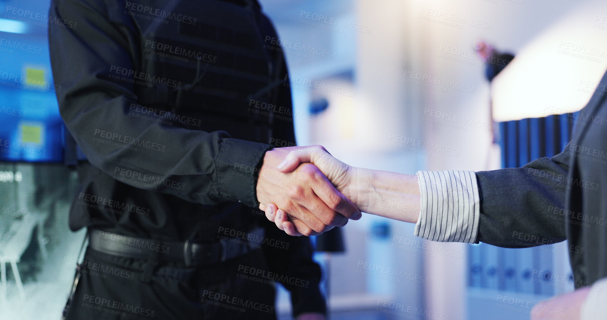Buy stock photo Security, people or shaking hands in control room for welcome, safety team or deal at night. Protection service, guard or gesture in office for late shift, partnership or agreement for surveillance