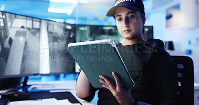 Buy stock photo Security guard, woman and tablet with surveillance, cctv observation app and watching at night. Officer, video station and technology in control room for monitor, safety or footage for protection