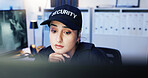 CCTV, security and thinking with woman in office at night for law enforcement, monitoring or privacy. Computer, streaming and surveillance with police officer at desk in control room for dispatch