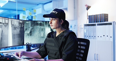 Buy stock photo CCTV, security and video with woman in office at night for law enforcement, live feed or monitoring. Computer, footage and surveillance with police officer at desk in control room for dispatch