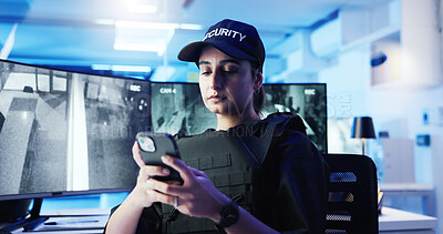 Buy stock photo CCTV, phone and security with woman in office at night for communication, law enforcement or monitoring. App, computer and surveillance with police officer at desk in control room for dispatch