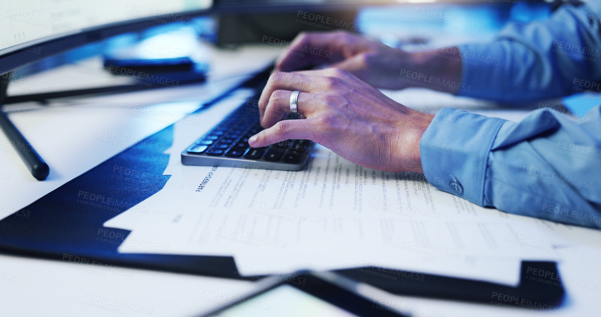 Buy stock photo Computer, search and hands of business person for contract, programming or website. Planning, communication and typing with employee, keyboard and office for online administration or government work