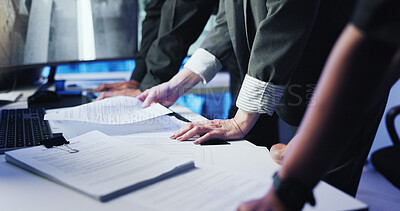 Buy stock photo Hands, security team and documents with cctv, monitor and notes for safety report with property surveillance. People, paperwork and log for privacy, control room and review record at data center