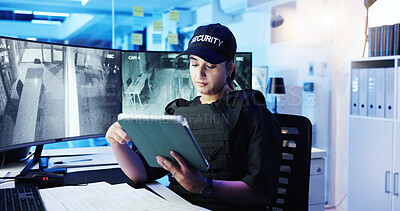 Buy stock photo Security guard, woman and tablet with surveillance app, video and observation at night. Officer, cctv station and technology in control room for monitor, safety or watch footage for protection agency