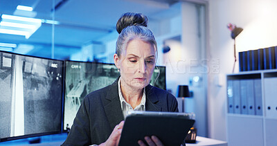 Buy stock photo Woman, security and surveillance with tablet at night for safety at protection agency. Female person, investigator or working late with technology for observation, app or research in control room