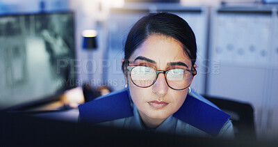 Buy stock photo Watching, footage and security guard with computer, woman and monitoring of danger, night and safety. Serious, law enforcement and person with glasses in control room, review and tech for observation
