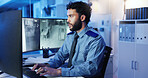 Security, computer and man in control room for surveillance, investigation and protection service. Law enforcement, screen and person with footage on monitor for safety, inspection and cybersecurity