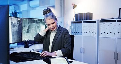 Buy stock photo Woman, neck injury or computer with stress at night for bad posture, burnout or fatigue at security agency. Female person, investigator or working late with ache, strain or pressure for surveillance
