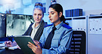 Women, security guard or tablet with surveillance for safety check, observation or building coverage at office. Female people, officer or investigator with technology for suspect at protection agency