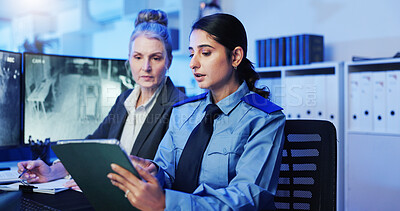 Buy stock photo Women, security guard or tablet with surveillance for safety check, observation or building coverage at office. Female people, officer or investigator with technology for suspect at protection agency