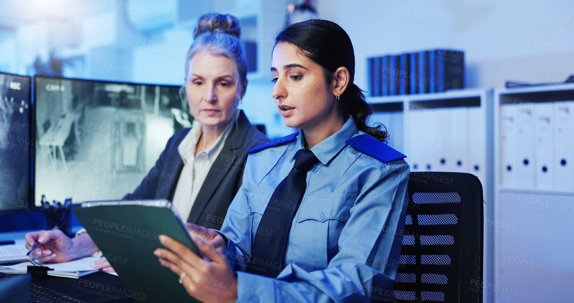 Buy stock photo Women, security guard or tablet with surveillance for safety check, observation or building coverage at office. Female people, officer or investigator with technology for suspect at protection agency