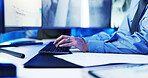 Hands, security guard and keyboard with surveillance with computer for report, stats and screen in control room. Person, typing and monitor with feedback, safety services or privacy at command center