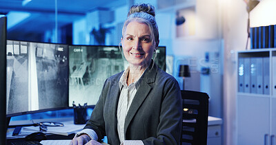 Buy stock photo Security camera, mature woman and portrait of manager in control room for CCTV footage. Happy, technology and female supervisor with surveillance monitor on computer for building safety in office.