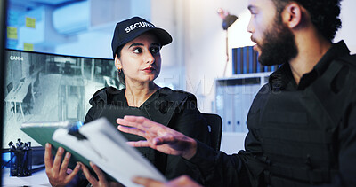 Buy stock photo Night, security team and discussion in control room for feedback, advice or standard procedure with tablet. Man, woman guard or paperwork in office for protocol rundown, service or tech on late shift