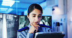 Security guard, thinking and woman with tablet, cctv screen or footage  in night shift for video surveillance. Camera, monitor or safety person with communication in control room for protection
