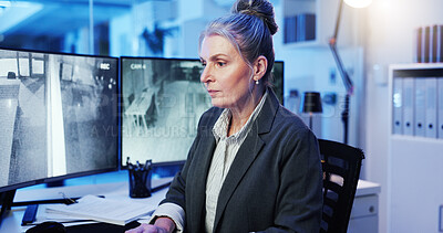 Buy stock photo Security, computer and woman in control room for surveillance, investigation and protection service. Law enforcement, screen and mature person with monitor for safety, inspection and cybersecurity