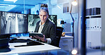 Security, tablet and woman with monitor in control room for surveillance, investigation and protection service. Government, computer screen and mature person for safety, inspection and observation