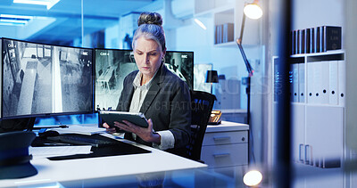 Buy stock photo Security, tablet and woman with monitor in control room for surveillance, investigation and protection service. Government, computer screen and mature person for safety, inspection and observation