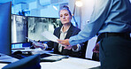Woman, documents and security surveillance with computer for suspect at protection agency. Female person, paperwork and monitor with information, observation report or safety protocol at control room