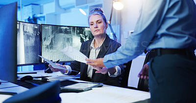 Buy stock photo Woman, documents and security surveillance with computer for suspect at protection agency. Female person, paperwork and manager with information, observation report or safety protocol at control room