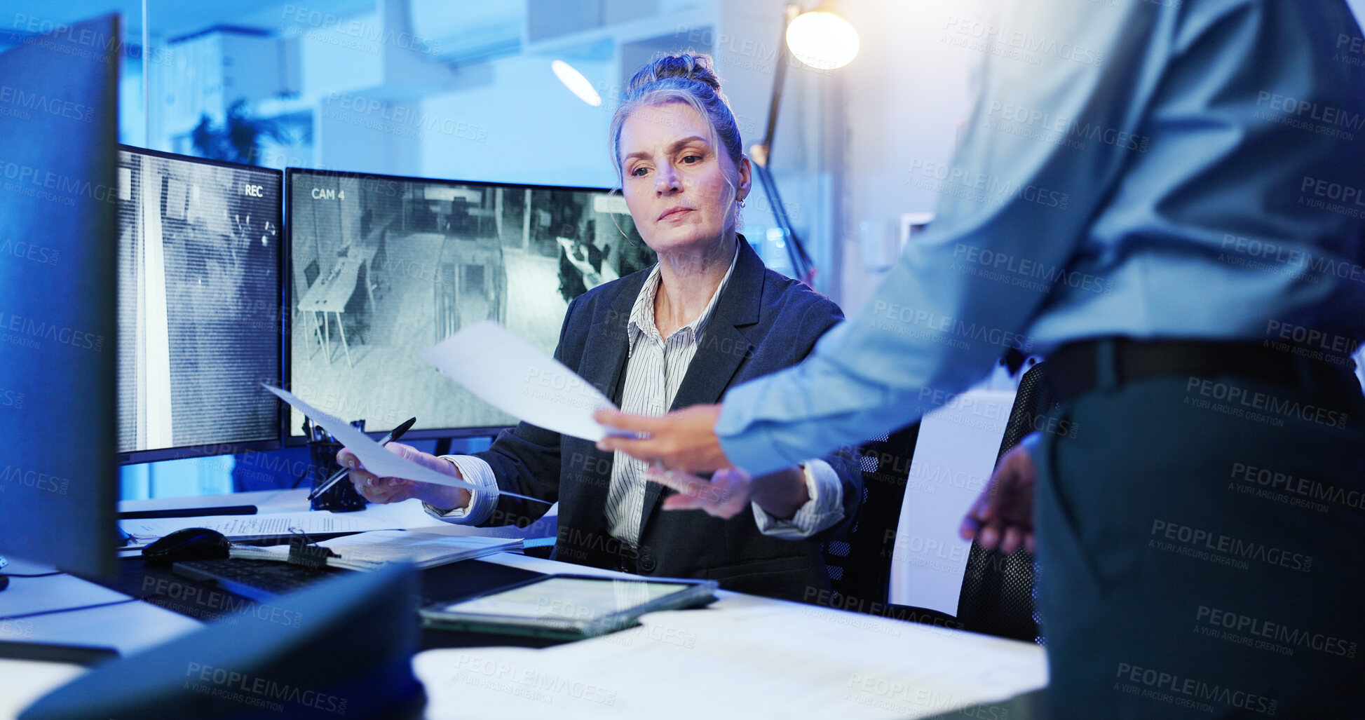 Buy stock photo Woman, documents and security surveillance with computer for suspect at protection agency. Female person, paperwork and manager with information, observation report or safety protocol at control room